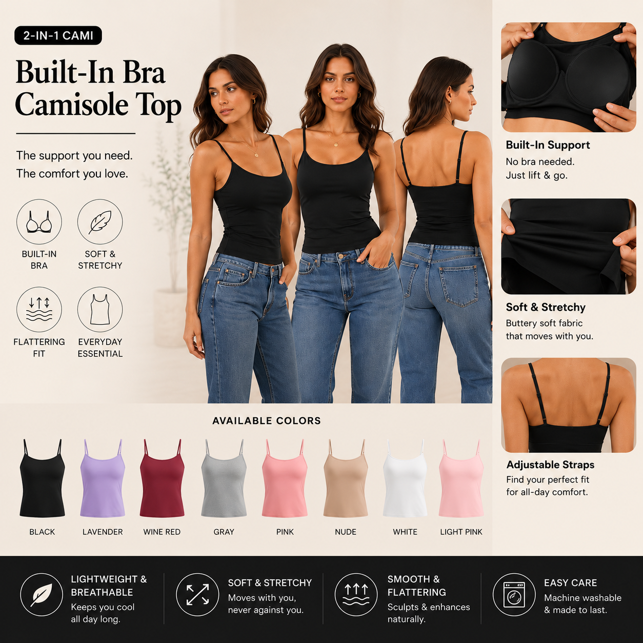 ENTR™ - Womens Camisole Top With Built In Bra